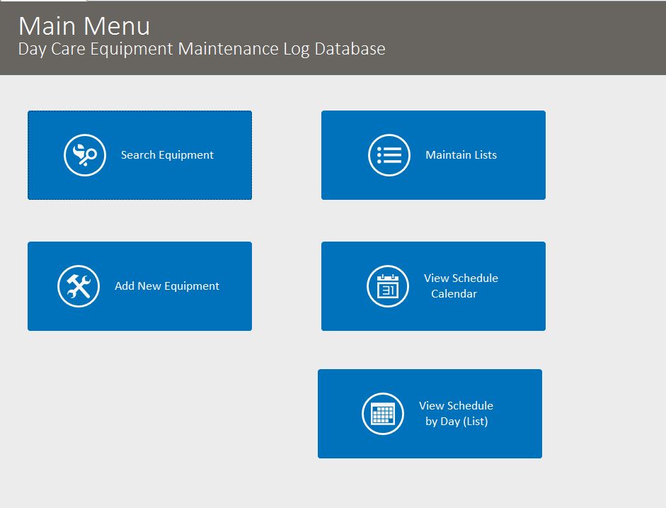 Day Care Equipment Maintenance Log Tracking Template | Equipment Database